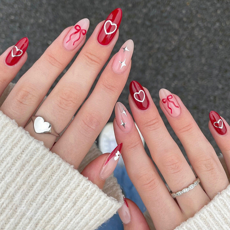 Romantic Elegance Long Almond Red and Beige with Heart and Ribbon Designs Press On Nail Set