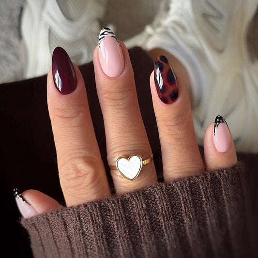 Chic Boho Long Almond Maroon Pink and Leopard Patterned Press On Nail Set