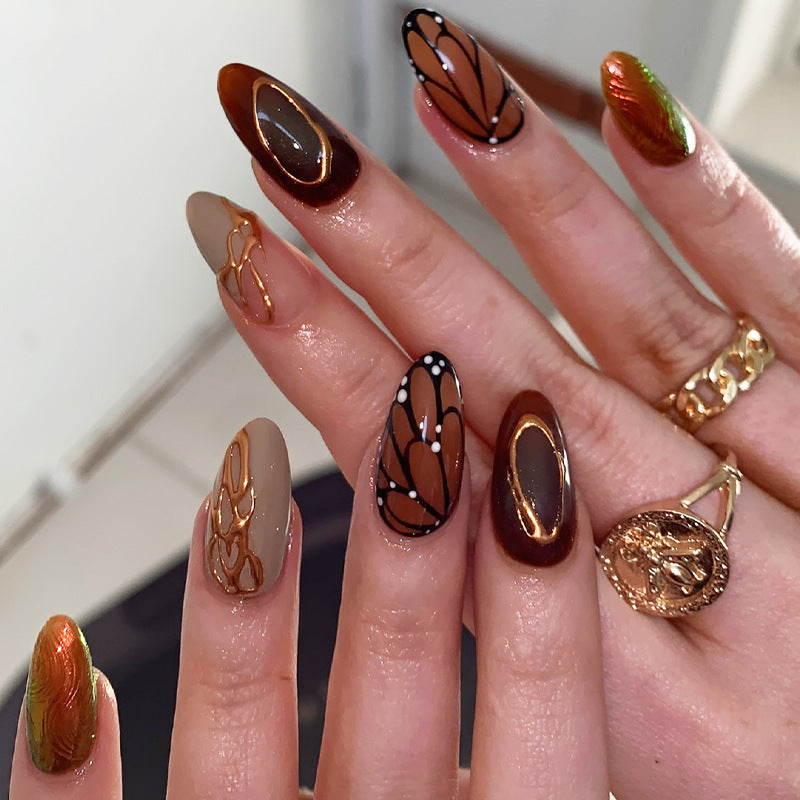 Butterfly Dreams Long Almond Brown and Bronze Gradient with Elegant Gold Detailing Press On Nail Set