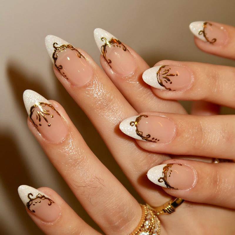 Elegant Celebration Long Almond White and Gold Accent Press on Nail Set