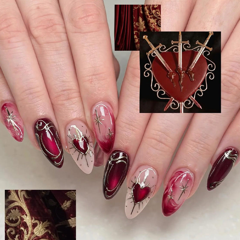 Enchanted Romance Long Almond Burgundy and Rosy Gradient with Heart and Star Accents Press-On Nail Set