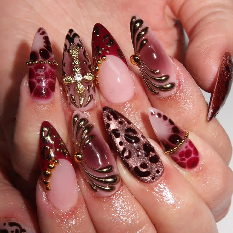 Mystical Glamour Elegant Long Almond Burgundy with Stunning Gold Embellishments Press On Nail Set
