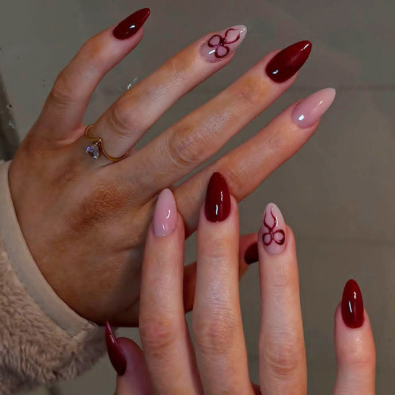 Enchanting Elegance Long Almond Burgundy and Blush Gradient with Intricate Floral Design Press-On Nail Set