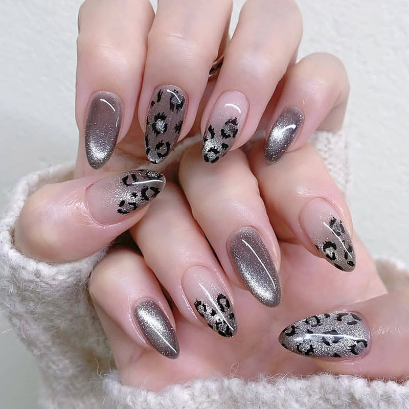 Safari Chic Glossy Long Almond Black Leopard Print Press On Nail Set
