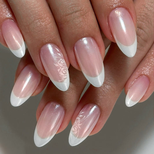 Elegant Garden Dream Long Almond Beige and White Gradient Design with Floral Detailing Press On Nail Set
