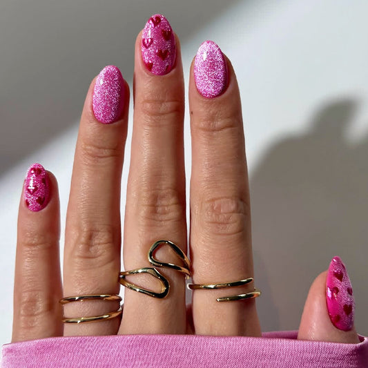 Romantic Glamour Short Almond Pink Glitter Press On Nail Set with Heart Accents