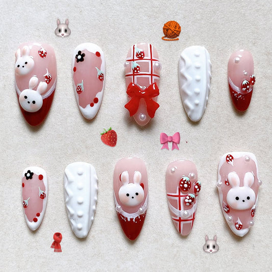 Charming Bunny Garden Fantasy Press On Nail Set Medium Almond Pink and Red with Cute Bunny Designs and Playful Details