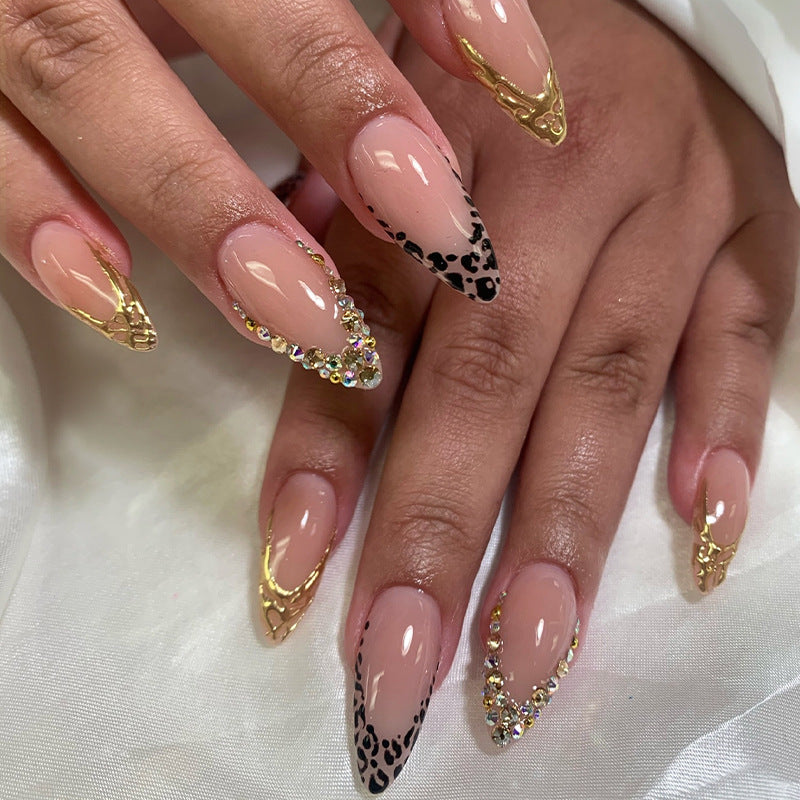 Savage Elegance Long Almond Beige and Black with Glittering Gold Accents Nail Set