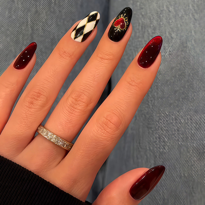 Enchanting Gothic Elegance Long Almond Burgundy and Black with Heart and Harlequin Design Press-On Nail Set