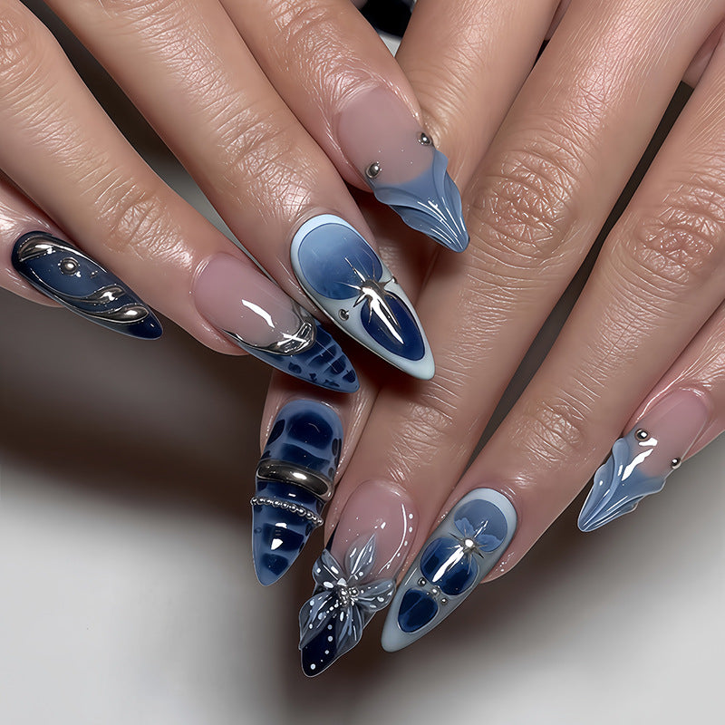 Oceanic Elegance Long Stiletto Blue Gradient Press On Nail Set with Intricate Pearl and Floral Accents