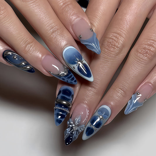 Oceanic Elegance Long Stiletto Blue Gradient Press On Nail Set with Intricate Pearl and Floral Accents