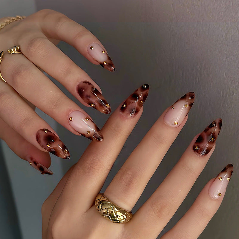 Chic Glamour Long Stiletto Brown and Beige Animal Print Press On Nail Set with Golden Accent Studs