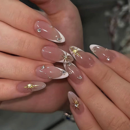 Celestial Dream Long Almond Beige Press On Nail Set with Shimmery Gold Accents and Elegant Star Detailing