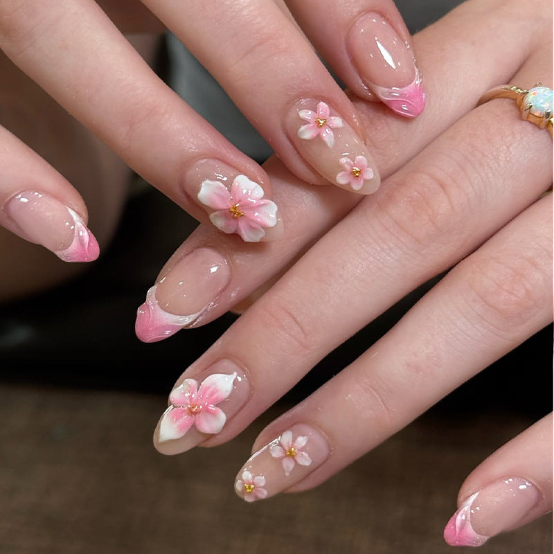 Cherry Blossom Delight Long Almond Pink Gradient Press On Nail Set with Floral Accents