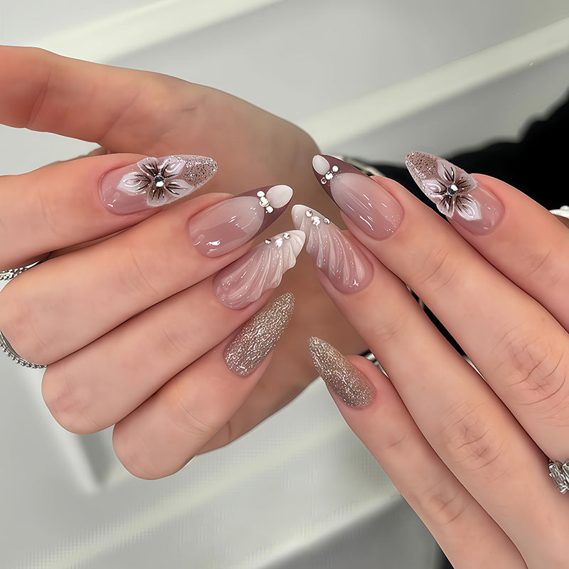Elegant Floral Fantasy Long Almond Pink with Stunning Glitter and Delicate Flower Accents Press on Nail Set