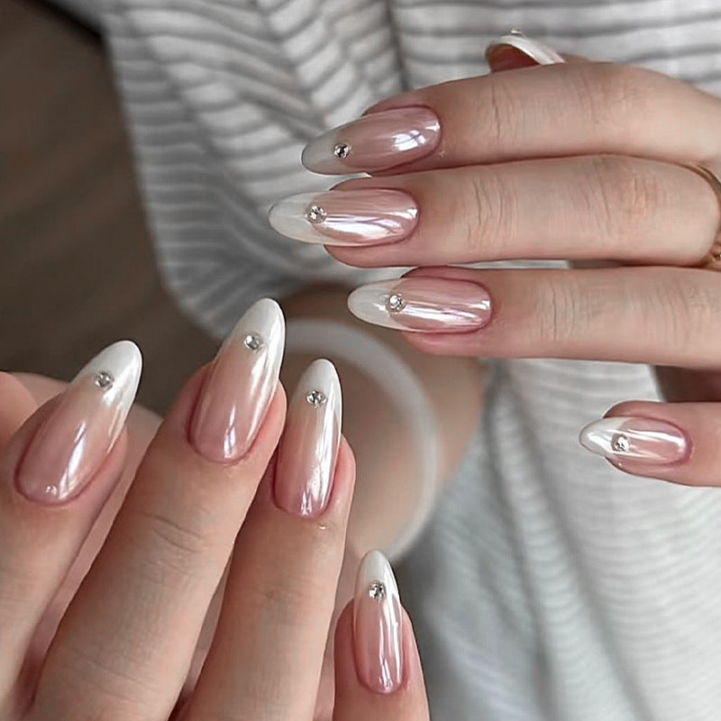 Glamorous Elegance Long Oval Shaped Transparent White and Pink Gradient Press On Nail Set with Sparkling Accent Gemstones
