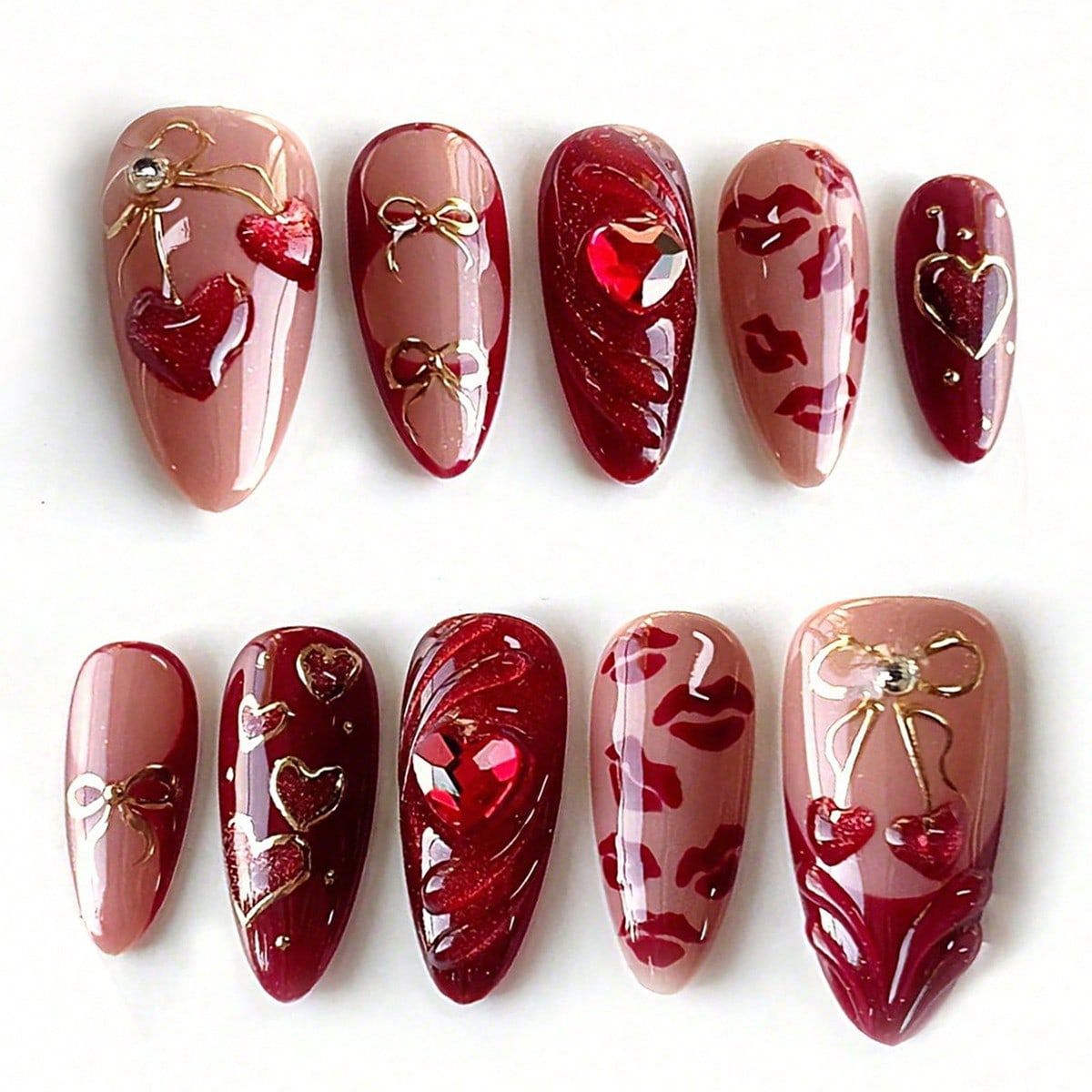 Romantic Heartfelt Long Almond Shaped Deep Red and Soft Pink Press On Nail Set Featuring Glamorous Glitter and Charming Decorations