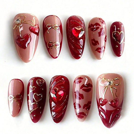 Romantic Heartfelt Long Almond Shaped Deep Red and Soft Pink Press On Nail Set Featuring Glamorous Glitter and Charming Decorations