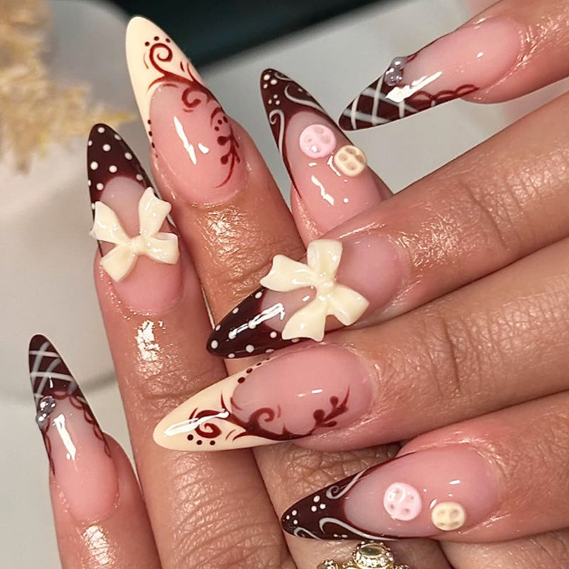 Sweet Treats Elegant Long Almond Chocolate Brown and Ivory Press-On Nail Set with Charming Bow and Candy Decorations