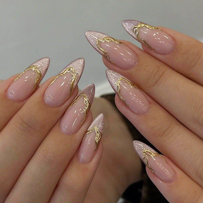 Glamorous Chic Long Almond Press On Nail Set in Long Almond Pink with Shimmering Gold Accents