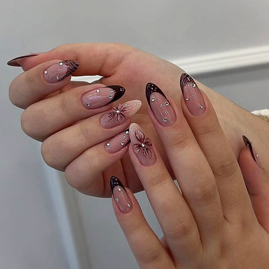 Elegant Floral Fantasy Long Almond Pink Ombre Press On Nail Set with Stunning Gemstone Accents