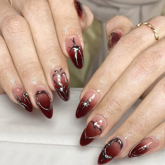 Romantic Elegance Long Almond Burgundy Gradient with Intricate Silver Detailing Press-On Nail Set