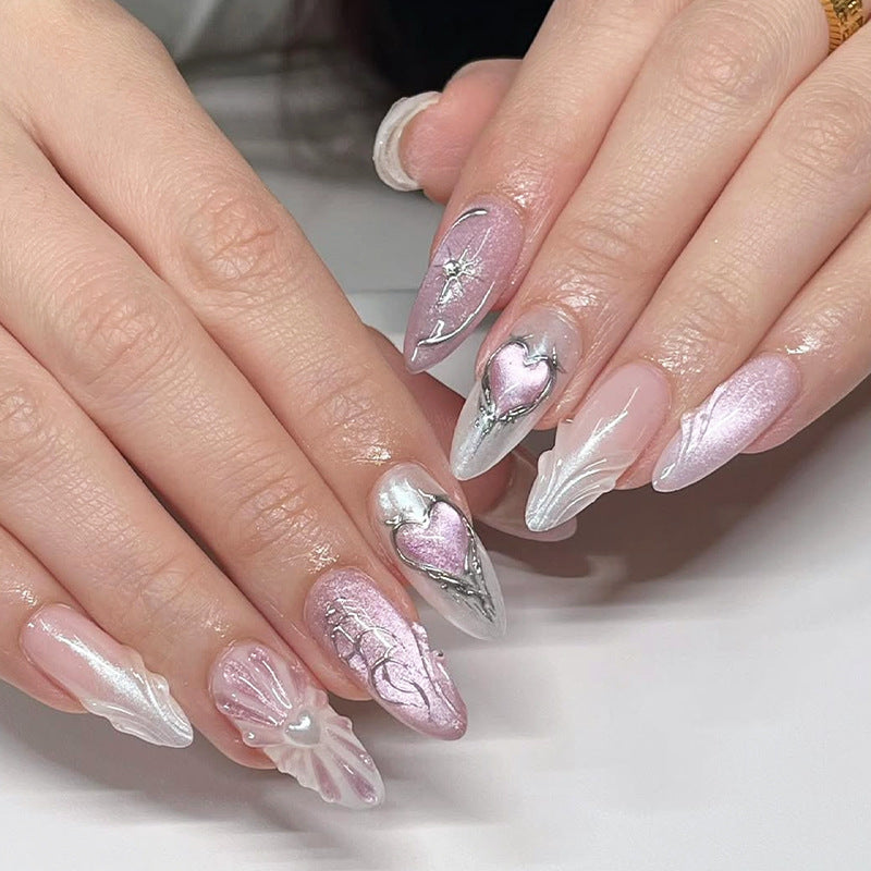 Enchanting Elegance Long Almond Shaped Pink and White Press On Nail Set with Heart and Silver Detailing