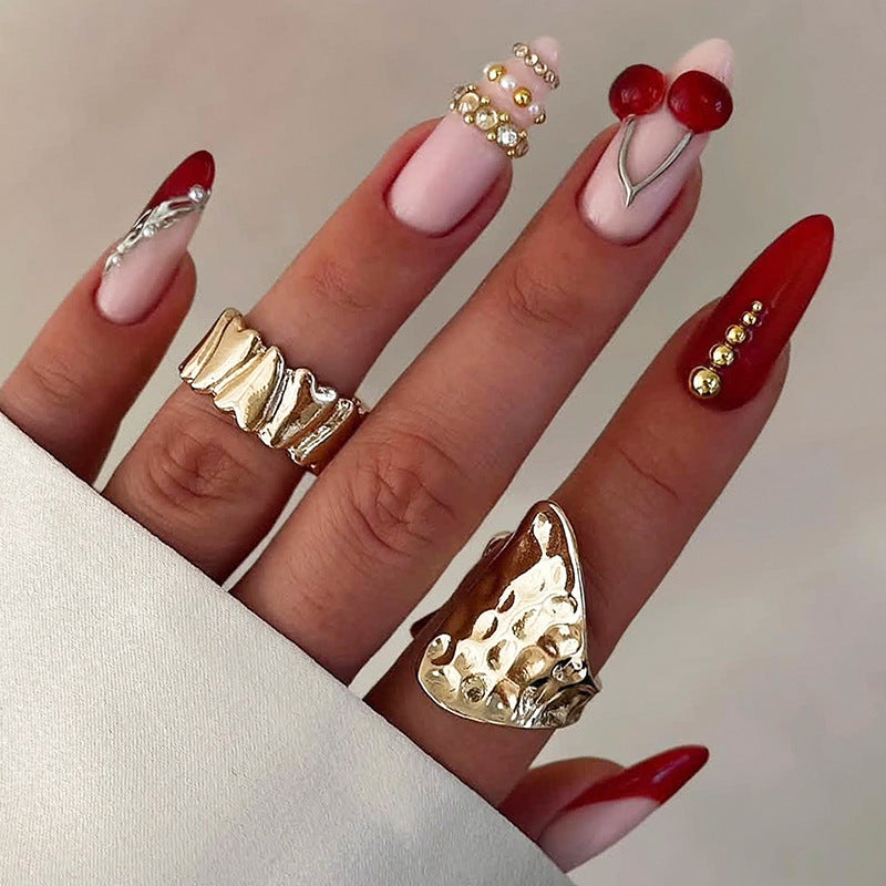 Whimsical Elegance Long Almond Pink and Red Press-On Nail Set with Unique Beaded Accents