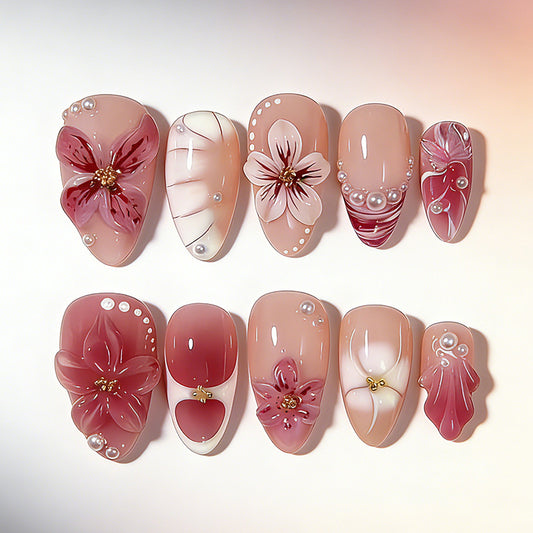 Floral Elegance Medium Almond Blush Pink Nail Set with Pearl and Flower Accents