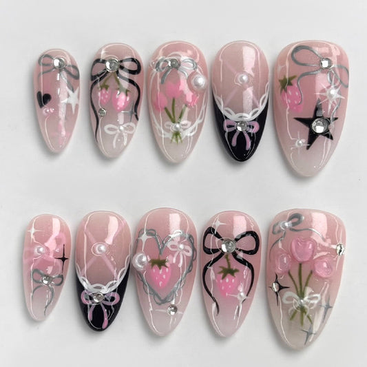 Charming Elegance Medium Almond Pink and Black Floral Press-On Nail Set with Pearlescent Accents