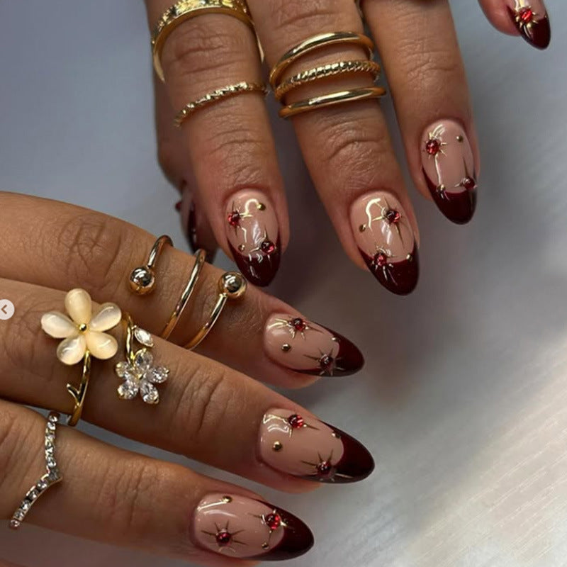 Chic Elegance Medium Almond Burgundy with Floral Accents Press On Nail Set