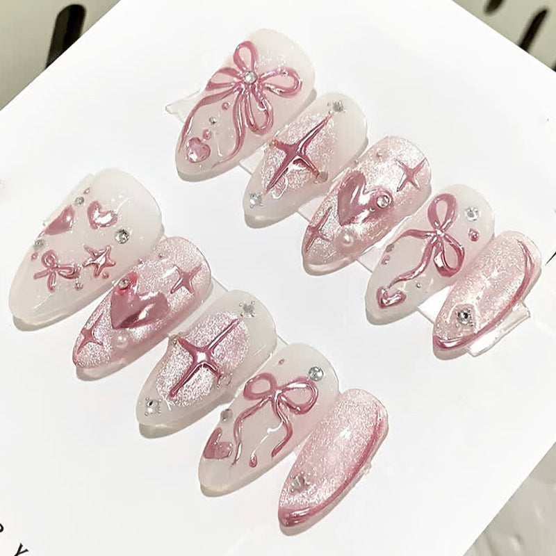 Charming Dreamy Press On Nail Set Long Almond Pink Shimmer with Delicate Bow and Heart Designs