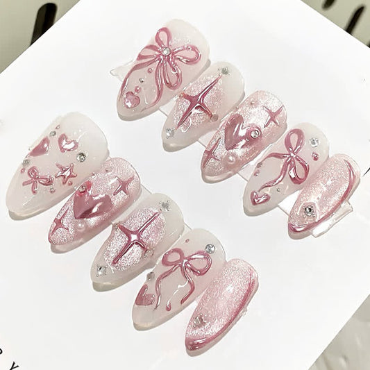 Charming Dreamy Press On Nail Set Long Almond Pink Shimmer with Delicate Bow and Heart Designs