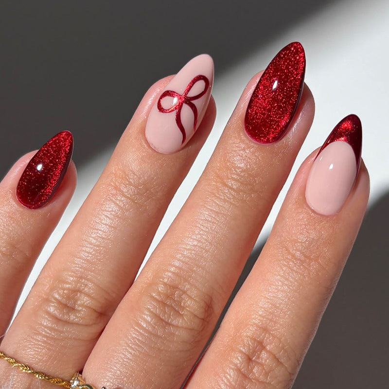 Charming Fantasy Long Almond Red and Pink Glitter Press On Nail Set with Bow Accent Design