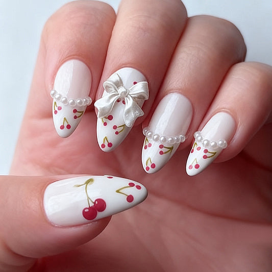 Cherry Blossom Delight Elegant Long Almond White Press On Nail Set with Bow and Pearls