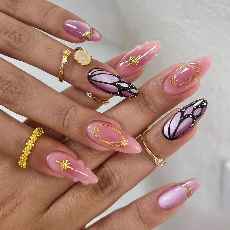 Whimsical Dreamy Almond Long Pink With Artistic Gold Accents Press On Nail Set