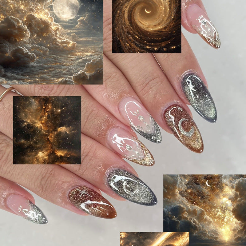 Celestial Dreams Long Almond Glitter Gradient Press-On Nail Set with Cosmic Design
