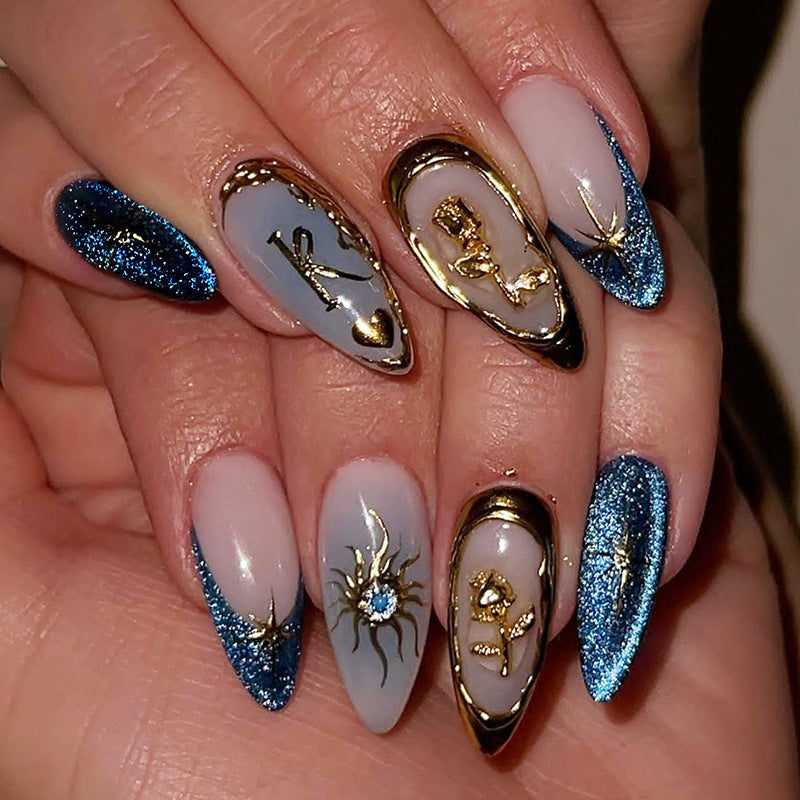 Celestial Elegance Long Almond Blue and Gray Press On Nail Set with Gold Accents and Sparkling Features