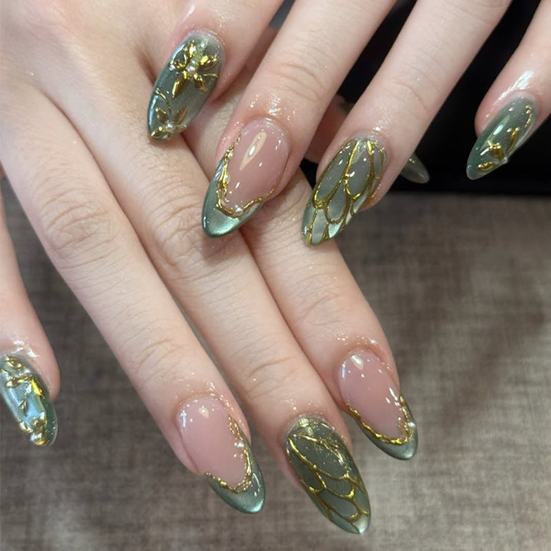 Botanical Elegance Sleek Long Almond Green Ombre with Floral Gold Accents Press On Nail Set