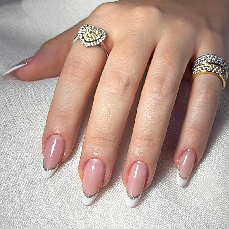 Elegant Oasis Long Almond Pink with Glitter French Tips Press on Nail Set