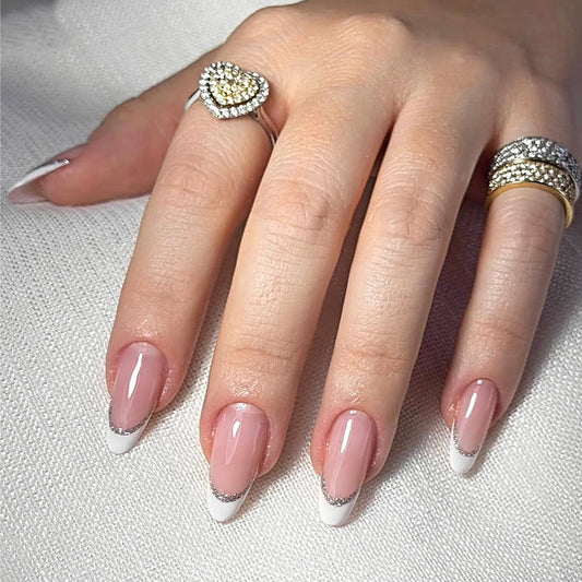 Elegant Oasis Long Almond Pink with Glitter French Tips Press on Nail Set