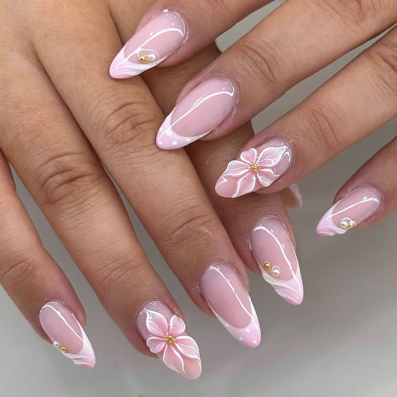 Blossom Dreams Long Almond Pink Nail Set with Delicate Floral Accents
