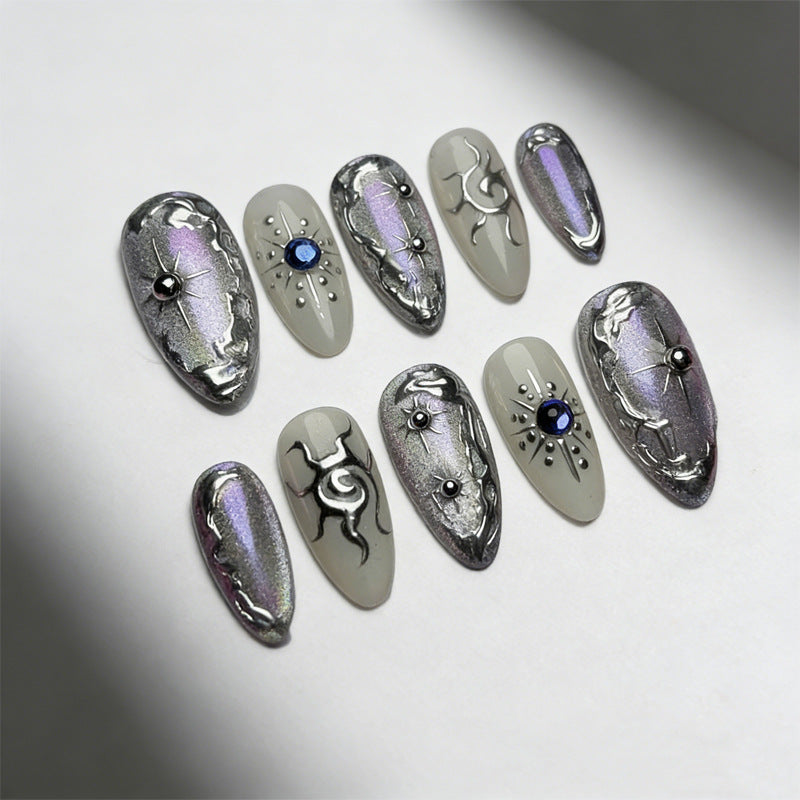Celestial Elegance Long Almond Grey Press-On Nail Set with Iridescent Silver Accents and Gemstone Detailing