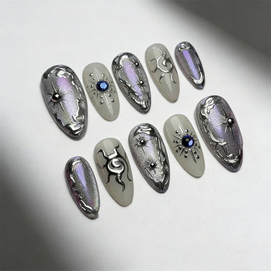 Celestial Elegance Long Almond Grey Press-On Nail Set with Iridescent Silver Accents and Gemstone Detailing