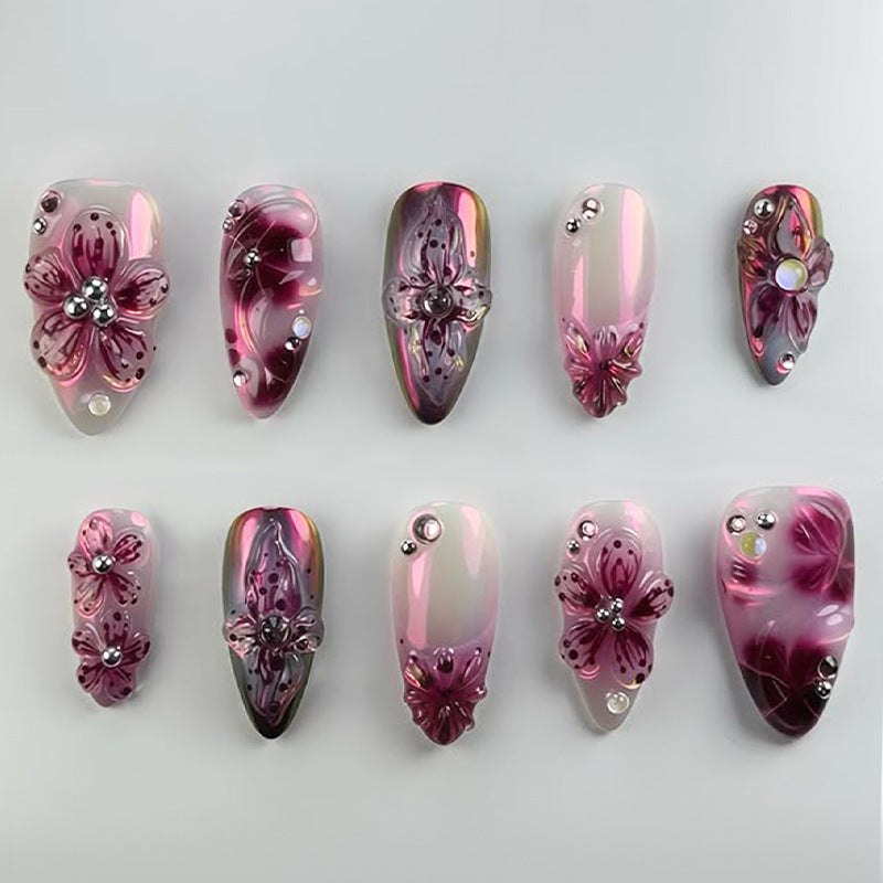 Blossom Dreams Long Almond Pink Press On Nail Set with Floral Accents and Gem Embellishments
