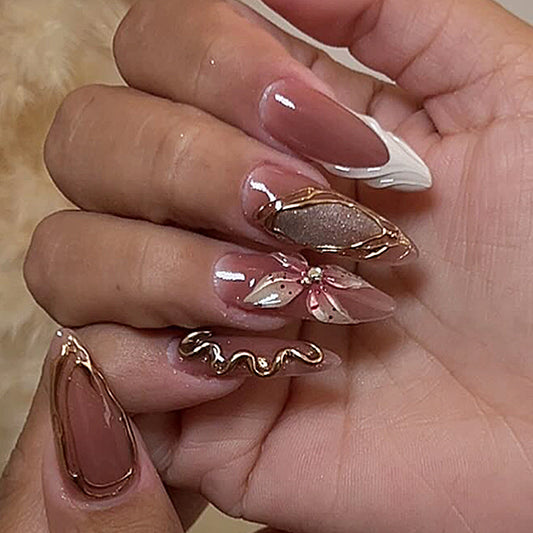 Blossom Elegance Long Almond Beige with Gold Accents and Floral Design Press On Nail Set