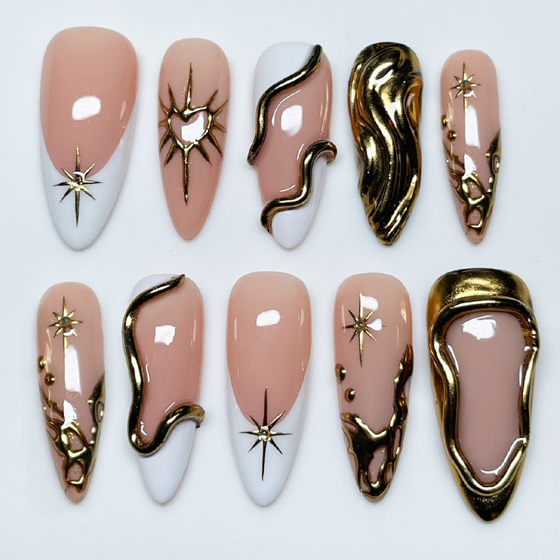Celestial Dreams Long Almond Natural Pink and White Elegant Gold Accent Nail Set