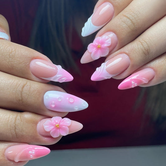 Blossom Elegance Long Almond Pink Floral Ombre Design Press On Nail Set