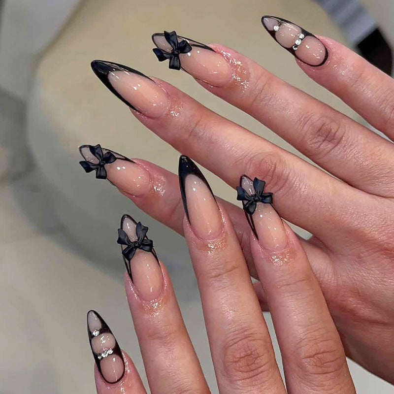 Elegant Charm Long Almond Shaped Black and Beige Press On Nail Set with Adorable Bow Accents