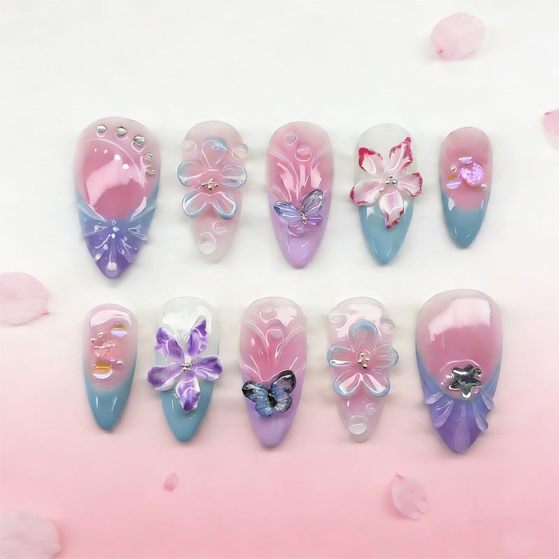 Whimsical Spring Dream Long Almond Ombre Pink and Blue Press on Nail Set with Floral and Butterfly Designs